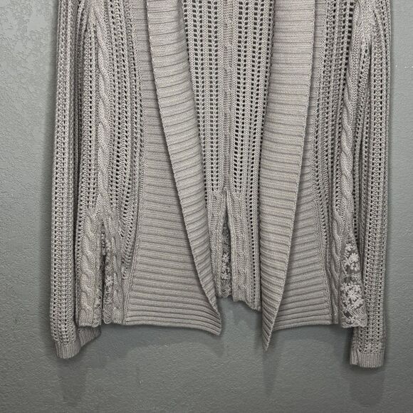 Garnet Hill Cardigan Sweater Small Taupe Open Knit Shawl Collar Lace Trim - Picture 5 of 9